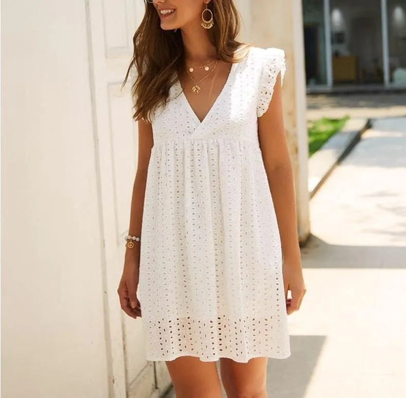 Women Summer Plain Dress Ruffle Sleeve V Neck Casual Loose Flowy Swing Mini Short Dress