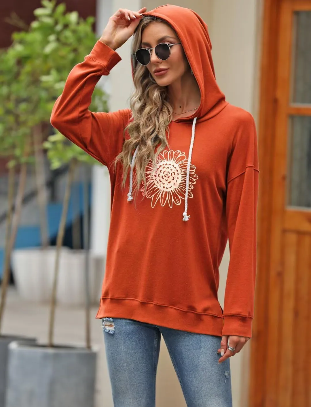 Women Sunflower Graphic Hoodies Long Sleeve Pullover Drawstring Sweatshirt Loose Fit Tunic Tops