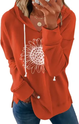 Women Sunflower Graphic Hoodies Long Sleeve Pullover Drawstring Sweatshirt Loose Fit Tunic Tops