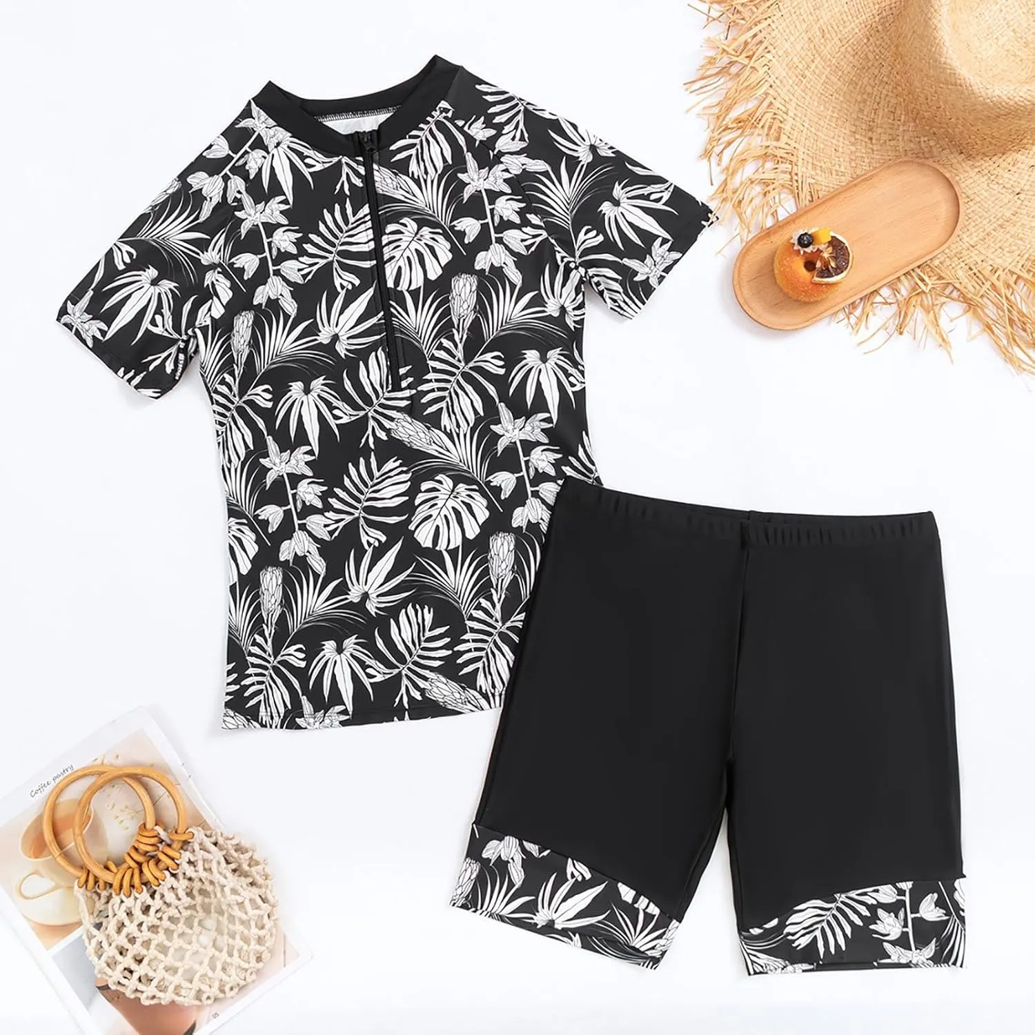 Women Two Piece Rash Guard Short Sleeve Swim Shirt with Shorts Swimsuits Zipper Surfing Bathing Suit Swimwear Set