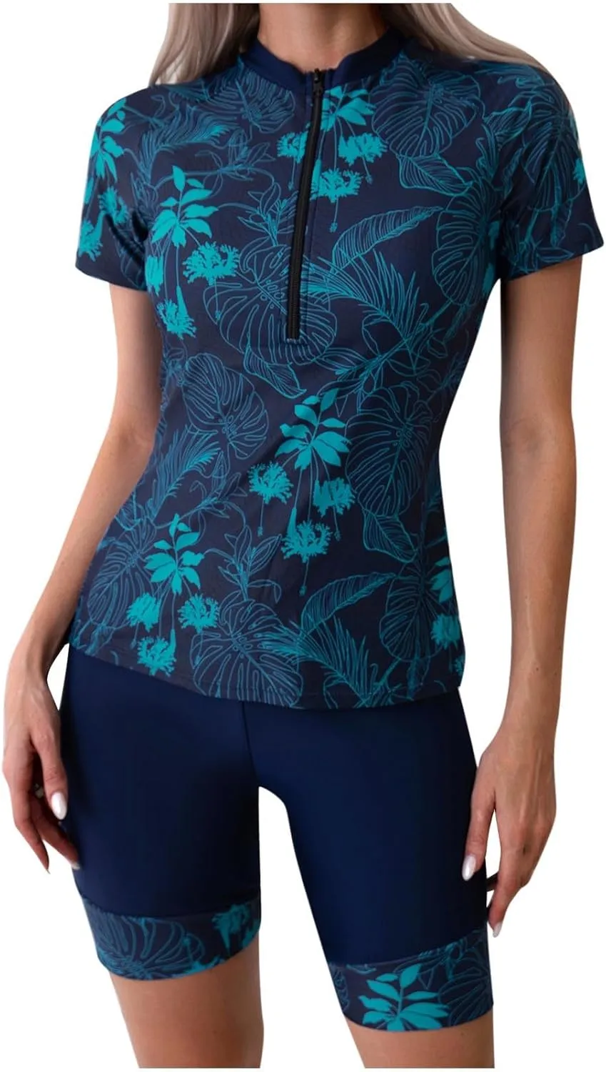 Women Two Piece Rash Guard Short Sleeve Swim Shirt with Shorts Swimsuits Zipper Surfing Bathing Suit Swimwear Set