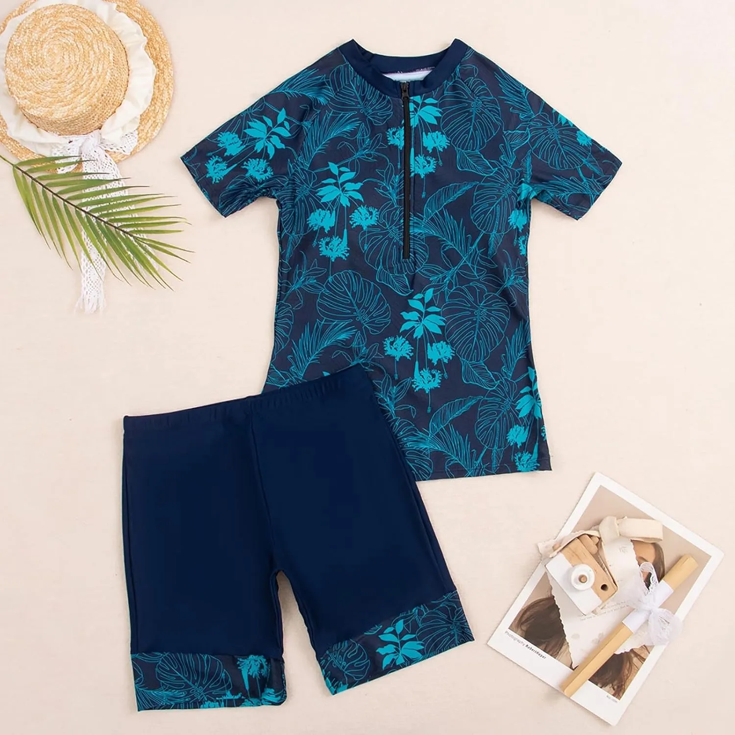 Women Two Piece Rash Guard Short Sleeve Swim Shirt with Shorts Swimsuits Zipper Surfing Bathing Suit Swimwear Set