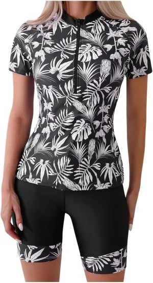 Women Two Piece Rash Guard Short Sleeve Swim Shirt with Shorts Swimsuits Zipper Surfing Bathing Suit Swimwear Set