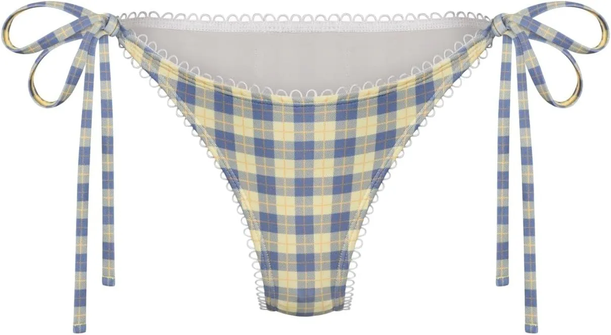 Women Y2k 2 Piece Bikini Set Gingham Coquette Halter Triangle Bikinis Side Tie String Thong Bathing Swimsuit