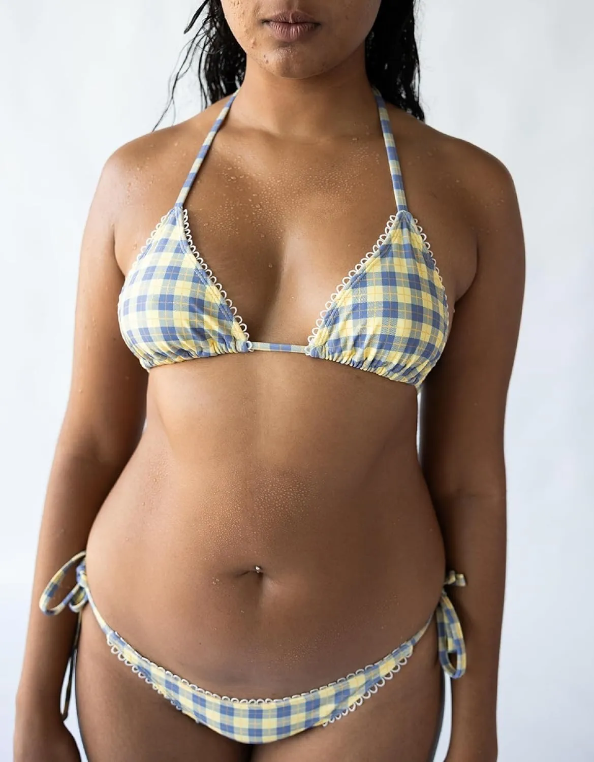 Women Y2k 2 Piece Bikini Set Gingham Coquette Halter Triangle Bikinis Side Tie String Thong Bathing Swimsuit