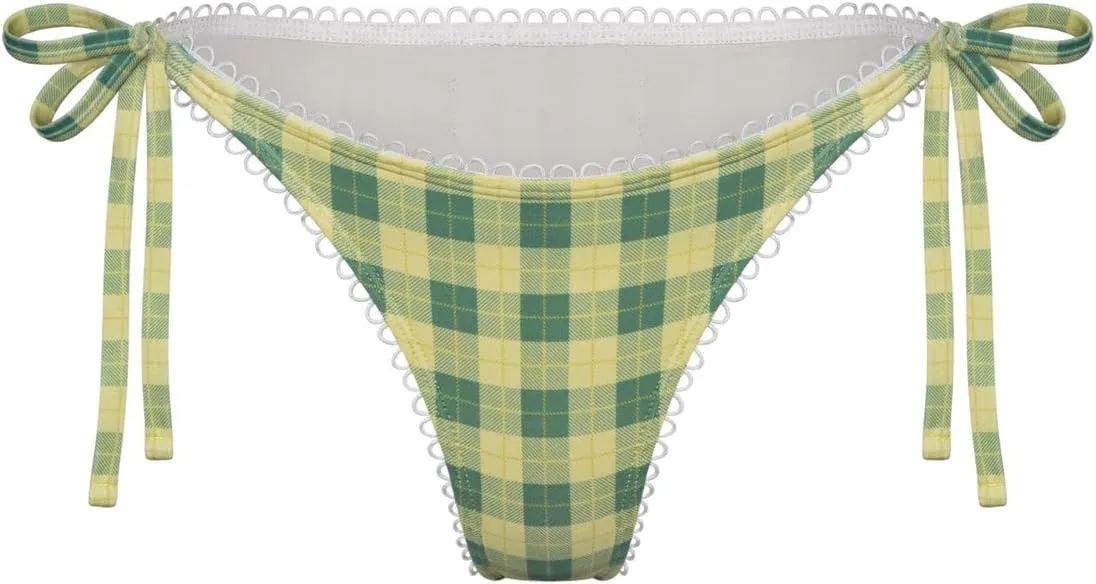 Women Y2k 2 Piece Bikini Set Gingham Coquette Halter Triangle Bikinis Side Tie String Thong Bathing Swimsuit
