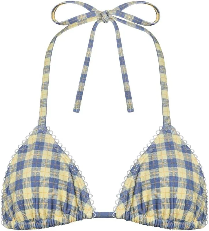 Women Y2k 2 Piece Bikini Set Gingham Coquette Halter Triangle Bikinis Side Tie String Thong Bathing Swimsuit