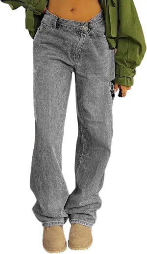Women Y2k Baggy Jeans Wide Straight Leg High Waist Denim Pants Vintage Harajuku Loose Casual Trousers Streetwear