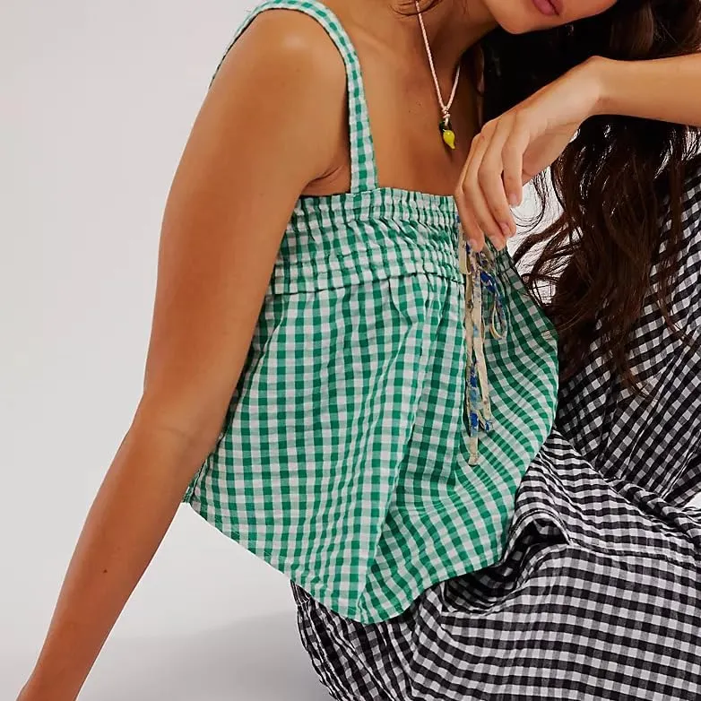 Women Y2k Spaghetti Strap Top Cute Ruffle Hem Smocked Peplum Cami Top Summer Sleeveless Going Out Top 00s Streetwear