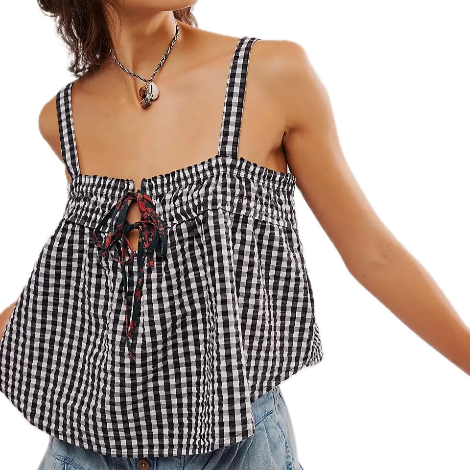 Women Y2k Spaghetti Strap Top Cute Ruffle Hem Smocked Peplum Cami Top Summer Sleeveless Going Out Top 00s Streetwear