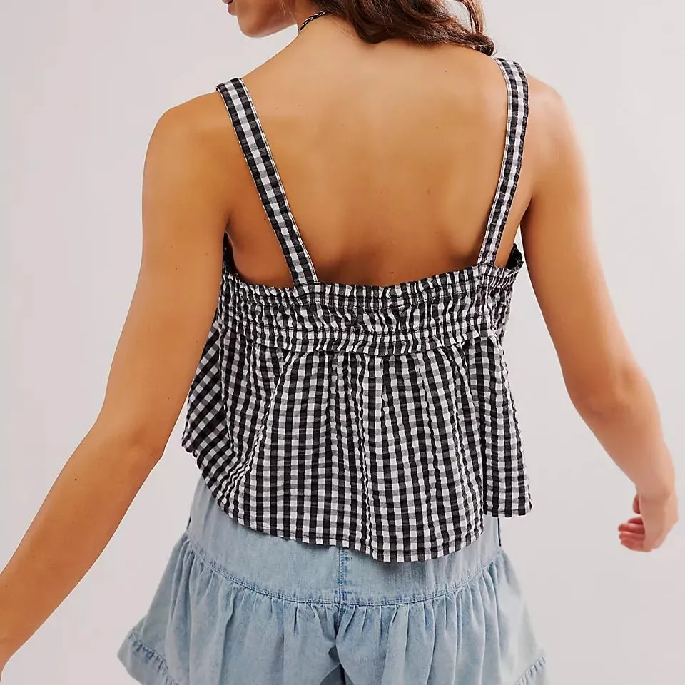 Women Y2k Spaghetti Strap Top Cute Ruffle Hem Smocked Peplum Cami Top Summer Sleeveless Going Out Top 00s Streetwear