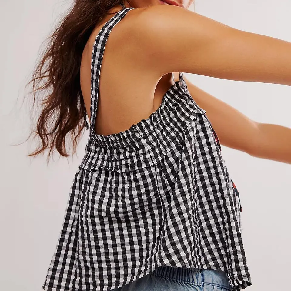 Women Y2k Spaghetti Strap Top Cute Ruffle Hem Smocked Peplum Cami Top Summer Sleeveless Going Out Top 00s Streetwear