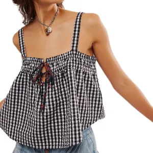 Women Y2k Spaghetti Strap Top Cute Ruffle Hem Smocked Peplum Cami Top Summer Sleeveless Going Out Top 00s Streetwear
