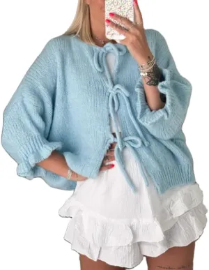 Women Y2k Tie Front Knit Cardigan Sweater Girls Cute Outwear Top Short Ruffle Sleeve Loose Knitwear Tops
