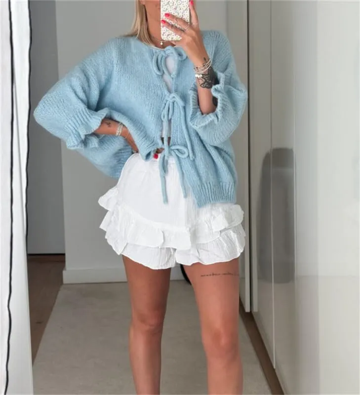 Women Y2k Tie Front Knit Cardigan Sweater Girls Cute Outwear Top Short Ruffle Sleeve Loose Knitwear Tops