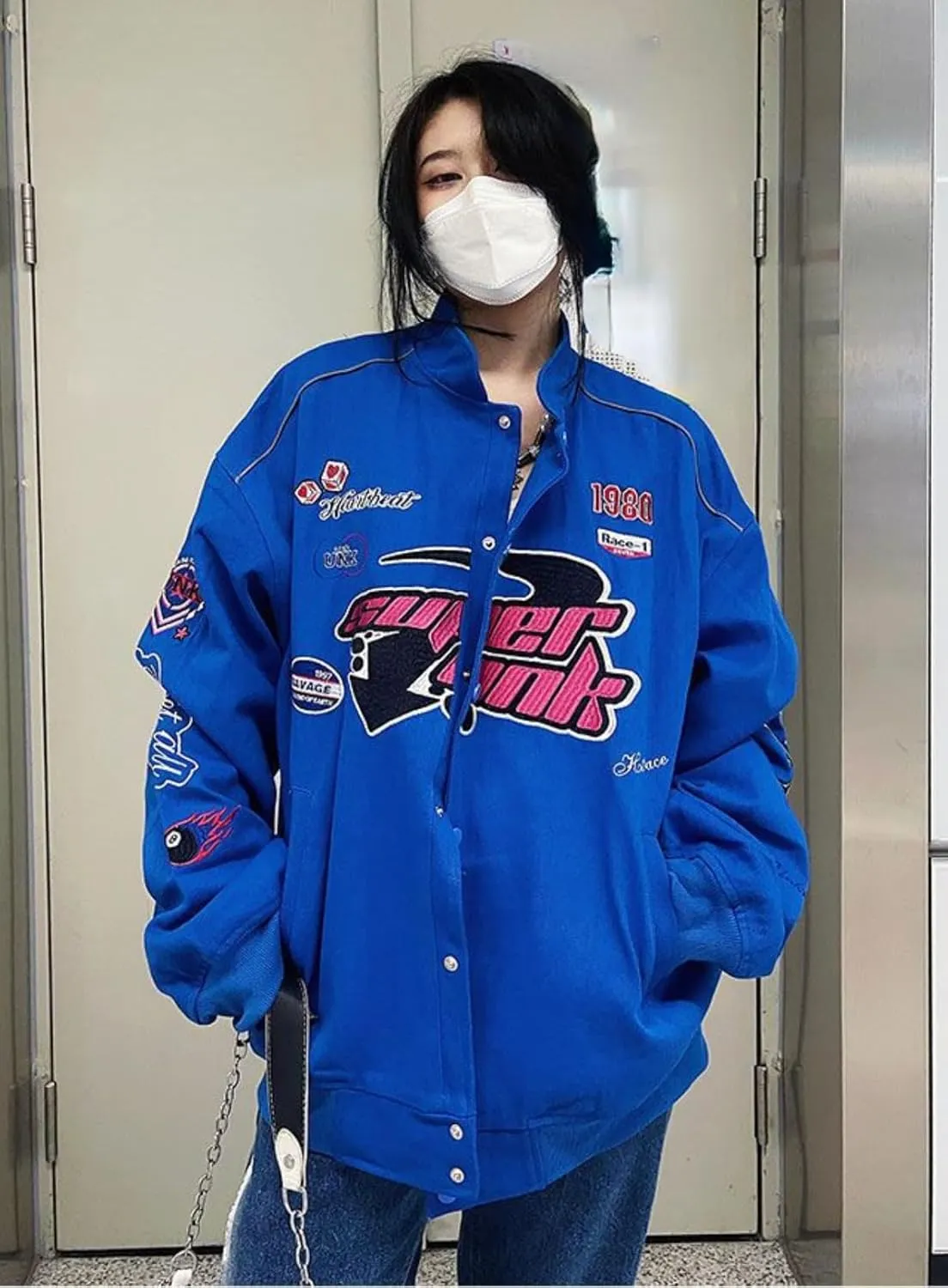 Women Y2K Vintage Varsity Jacket Hip Hop Racer Graphic Bomber Jacket Japanese Harajuku Button Up Sweatshirt Outerwear