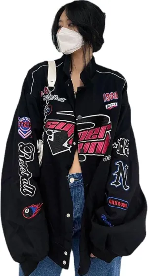 Women Y2K Vintage Varsity Jacket Hip Hop Racer Graphic Bomber Jacket Japanese Harajuku Button Up Sweatshirt Outerwear