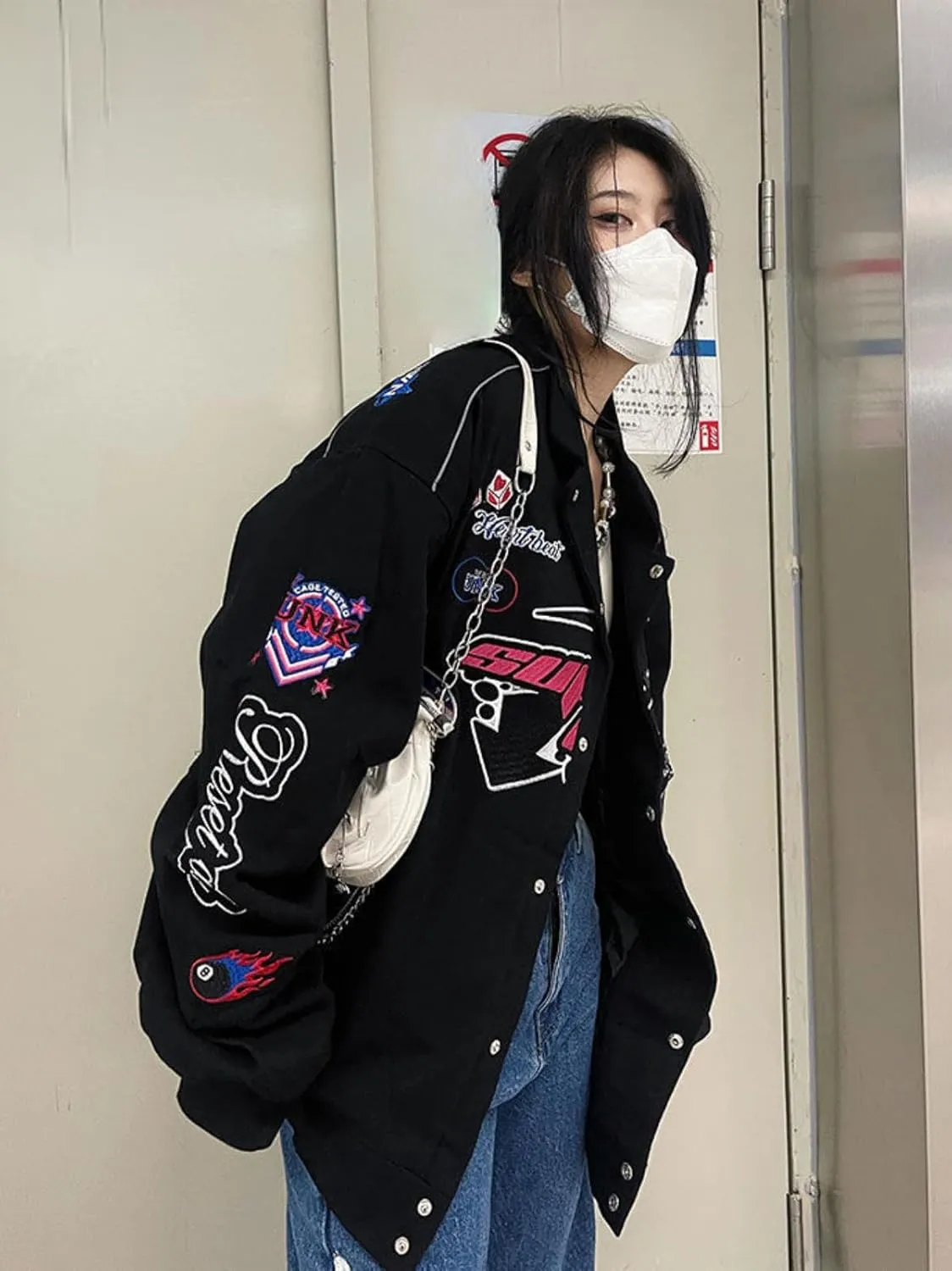 Women Y2K Vintage Varsity Jacket Hip Hop Racer Graphic Bomber Jacket Japanese Harajuku Button Up Sweatshirt Outerwear
