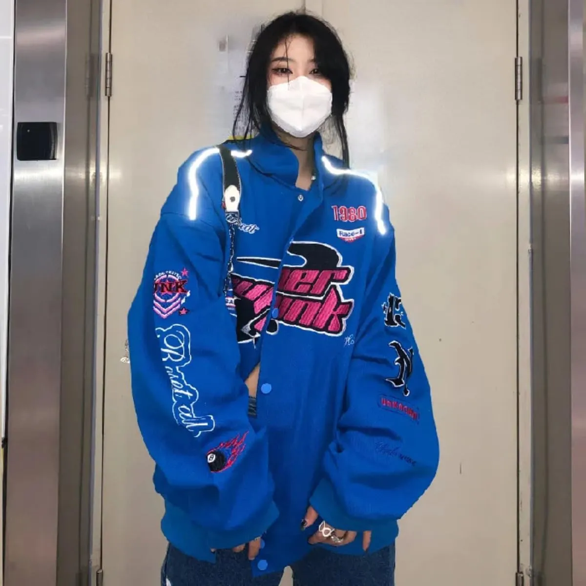 Women Y2K Vintage Varsity Jacket Hip Hop Racer Graphic Bomber Jacket Japanese Harajuku Button Up Sweatshirt Outerwear