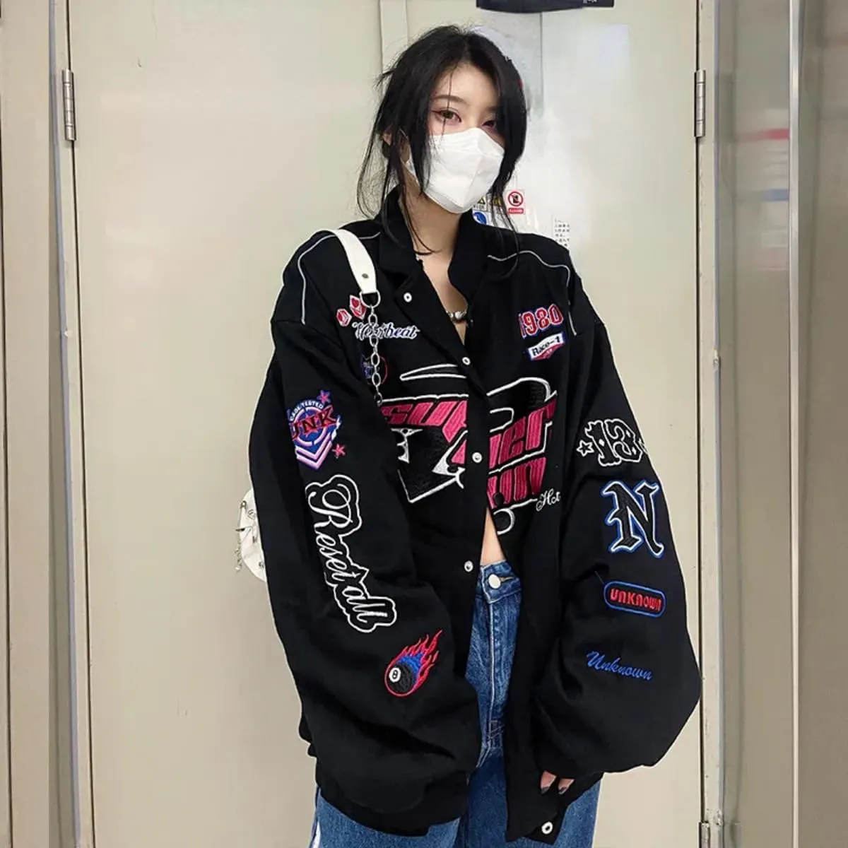 Women Y2K Vintage Varsity Jacket Hip Hop Racer Graphic Bomber Jacket Japanese Harajuku Button Up Sweatshirt Outerwear