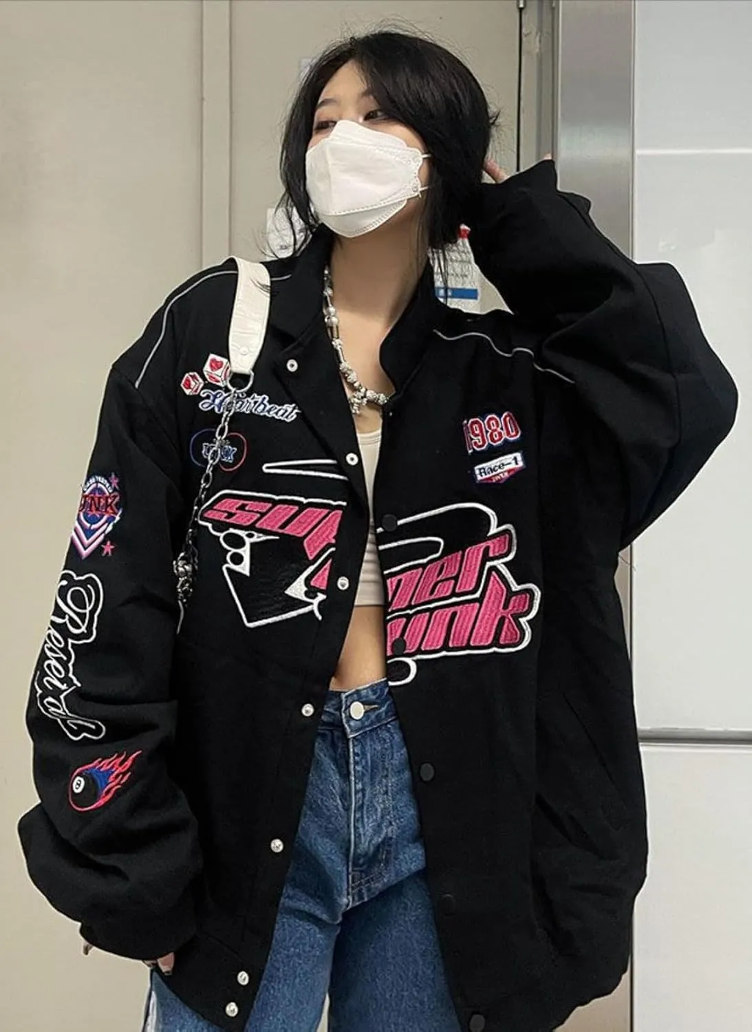 Women Y2K Vintage Varsity Jacket Hip Hop Racer Graphic Bomber Jacket Japanese Harajuku Button Up Sweatshirt Outerwear