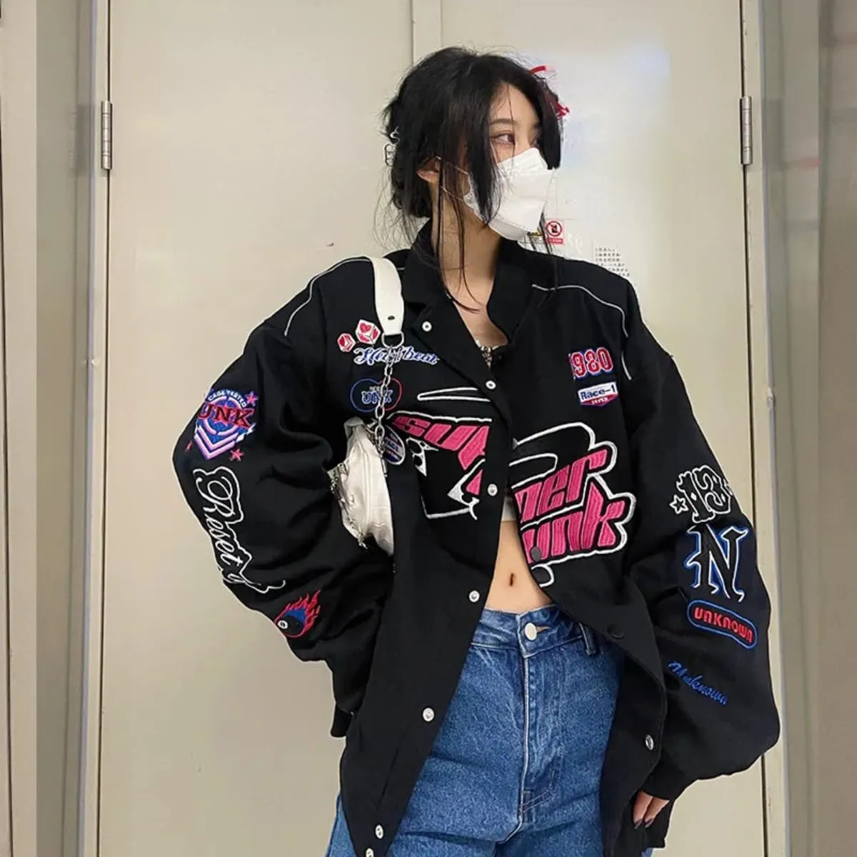 Women Y2K Vintage Varsity Jacket Hip Hop Racer Graphic Bomber Jacket Japanese Harajuku Button Up Sweatshirt Outerwear