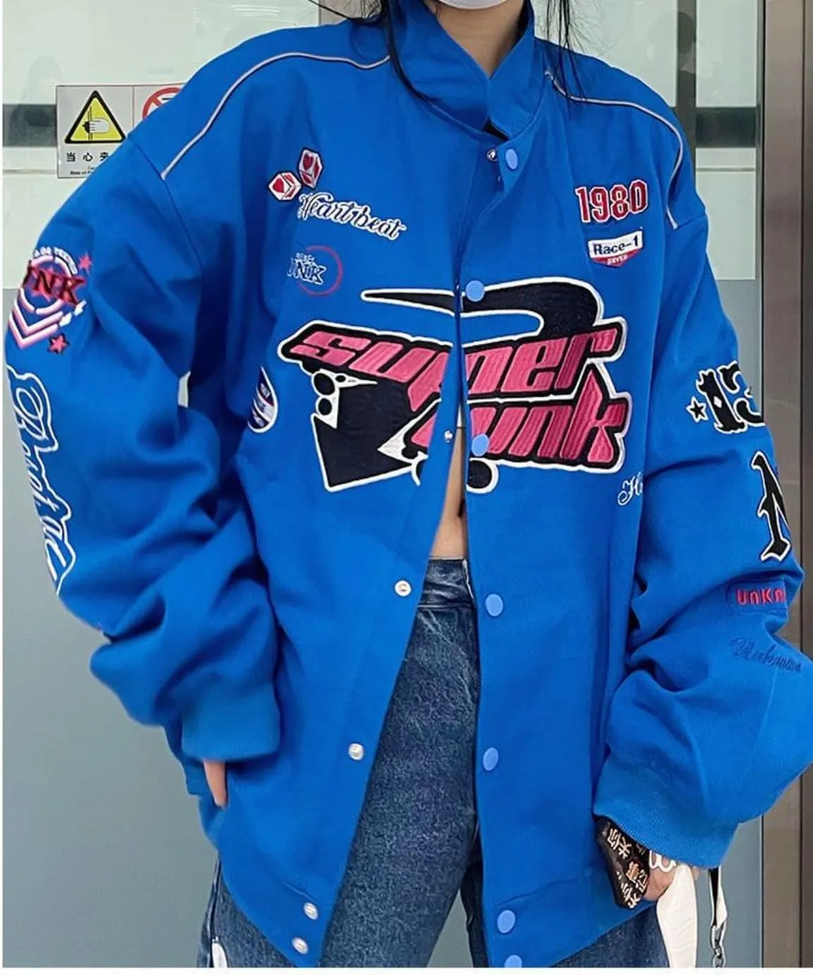 Women Y2K Vintage Varsity Jacket Hip Hop Racer Graphic Bomber Jacket Japanese Harajuku Button Up Sweatshirt Outerwear
