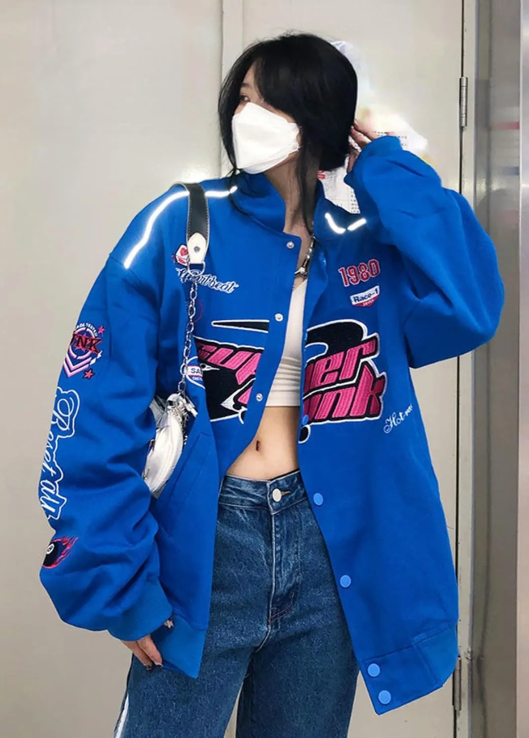 Women Y2K Vintage Varsity Jacket Hip Hop Racer Graphic Bomber Jacket Japanese Harajuku Button Up Sweatshirt Outerwear