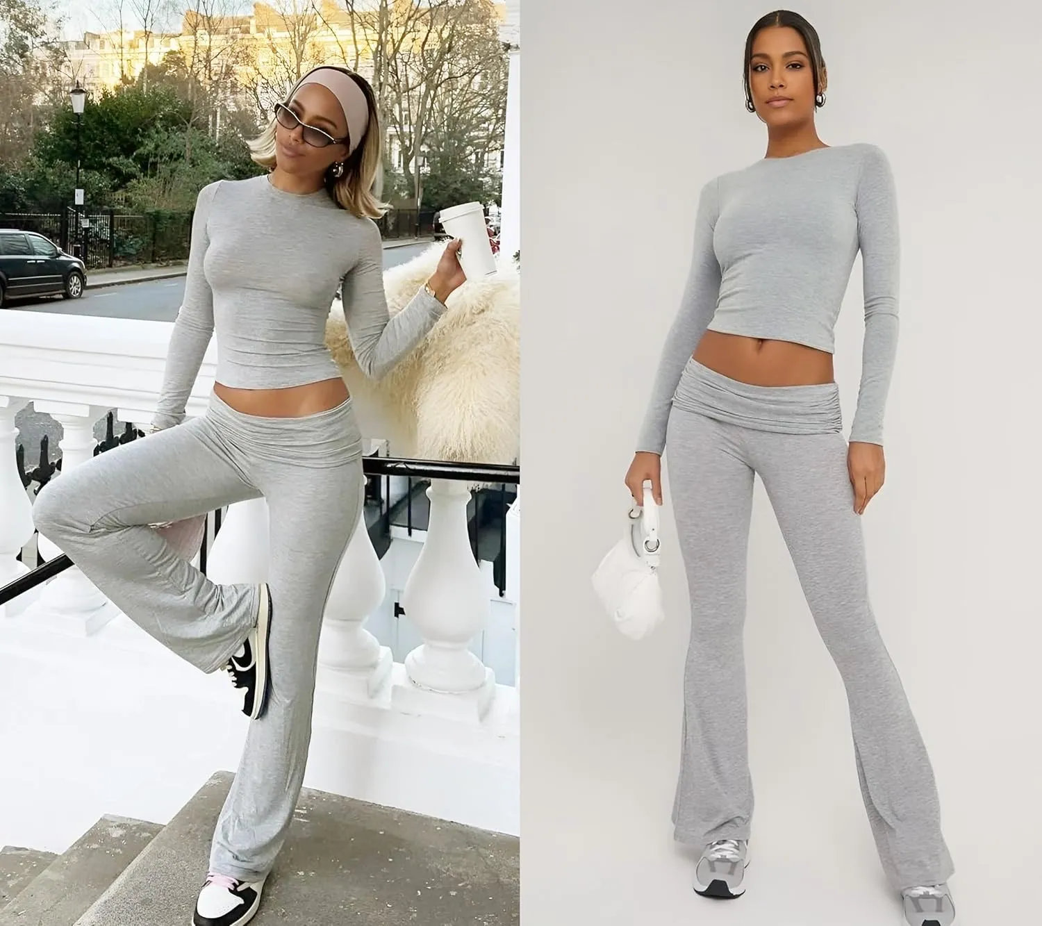 Women's 2 Piece Casual Pajama Set-Slim Fit Long Sleeve Top Low Rise Bell Bottoms-Versatile Yoga Loungewear