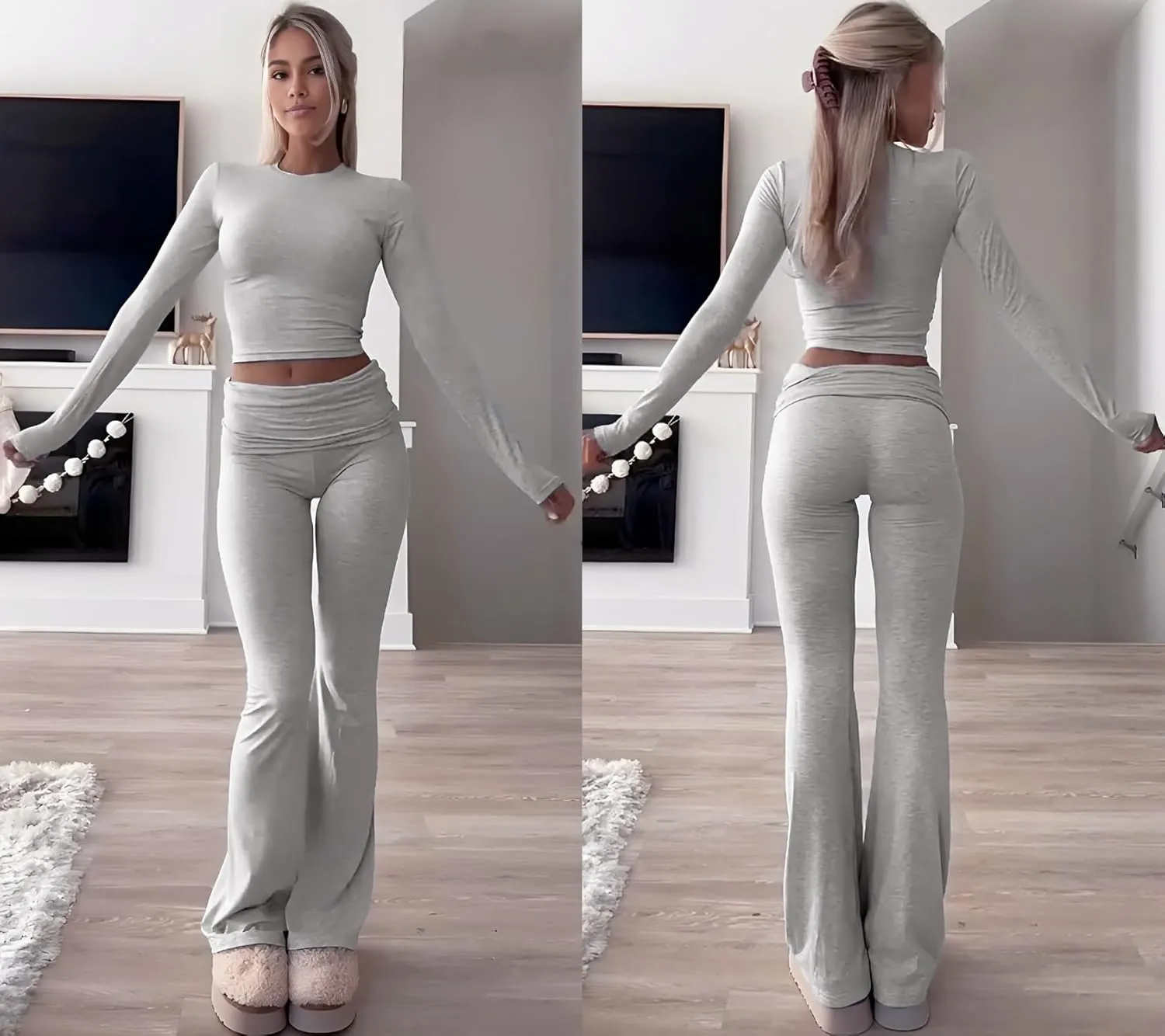 Women's 2 Piece Casual Pajama Set-Slim Fit Long Sleeve Top Low Rise Bell Bottoms-Versatile Yoga Loungewear
