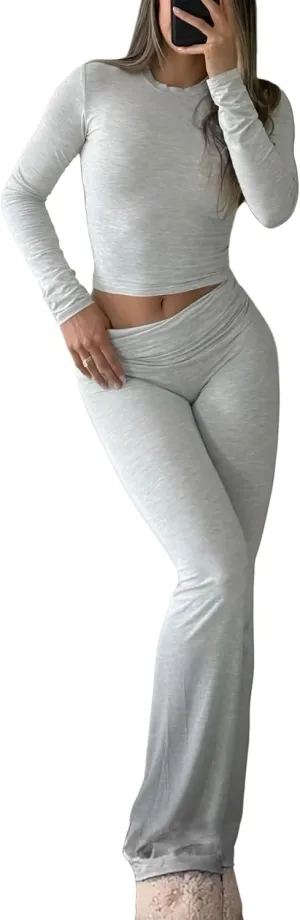 Women's 2 Piece Casual Pajama Set-Slim Fit Long Sleeve Top Low Rise Bell Bottoms-Versatile Yoga Loungewear