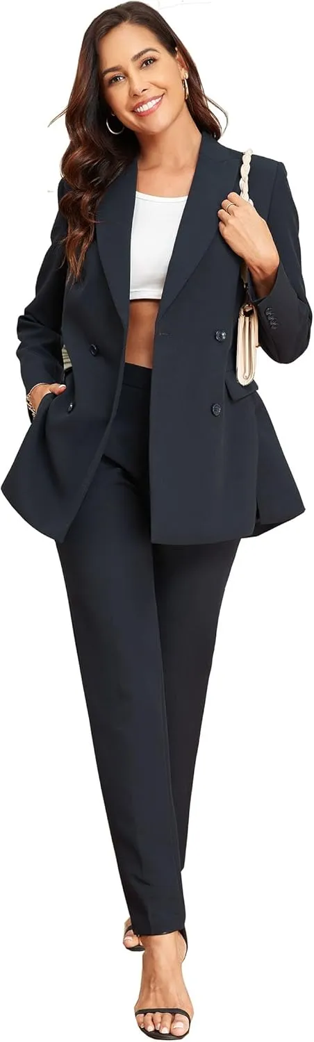 Women's 2 Pieces Pant Suits, Double Breasted Blazer Set, Casual Loose Long Blazer Jackets and Pant Suits with Pockets