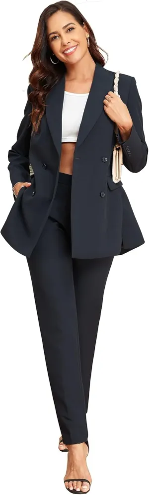 Women's 2 Pieces Pant Suits, Double Breasted Blazer Set, Casual Loose Long Blazer Jackets and Pant Suits with Pockets