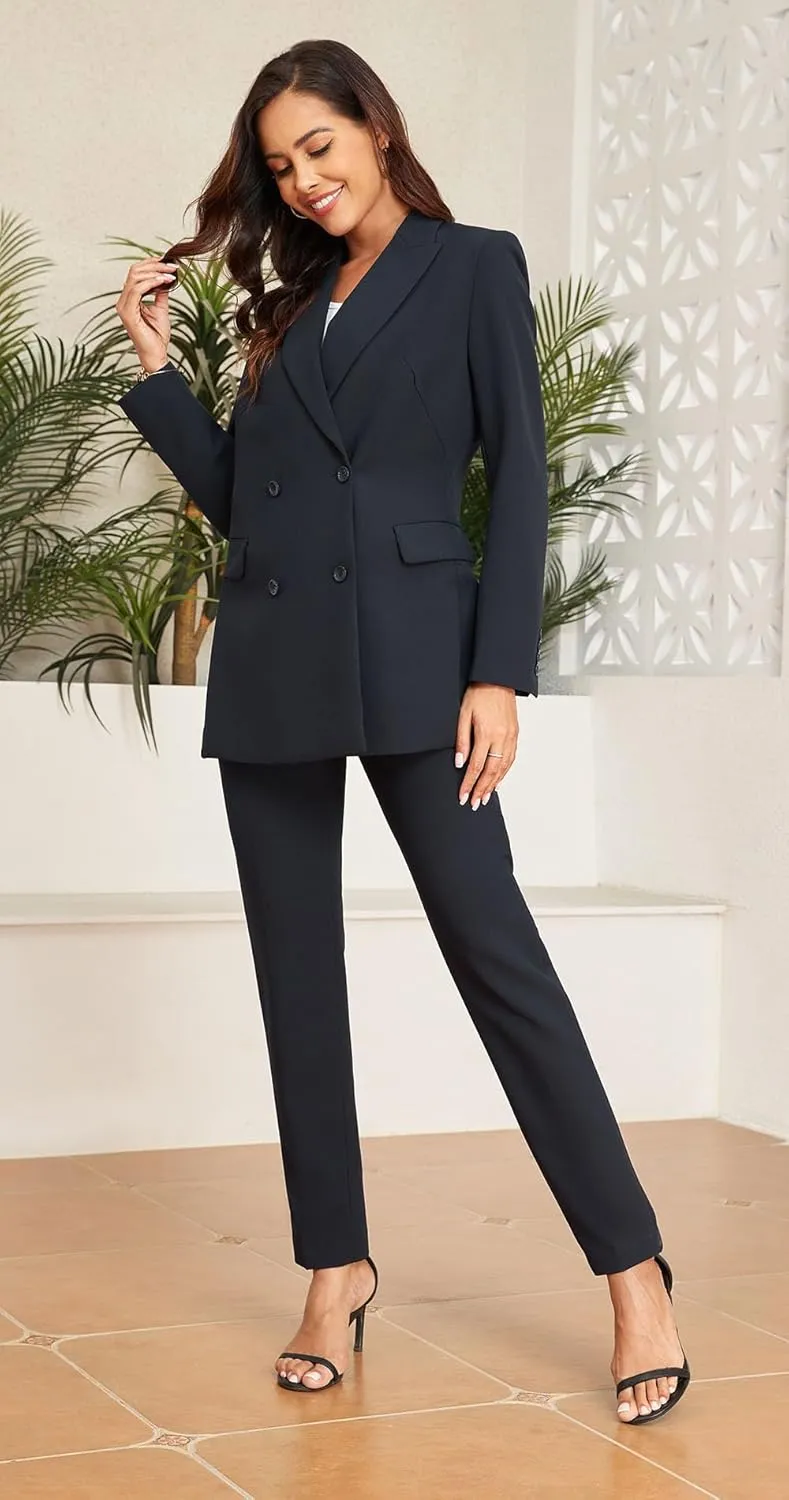 Women's 2 Pieces Pant Suits, Double Breasted Blazer Set, Casual Loose Long Blazer Jackets and Pant Suits with Pockets