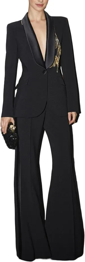 Women's 2025 Designer Suit Set Handmade Gold Beads Appliques Shawl Collar Slim Fit Blazer Flare Pants Set 2pcs