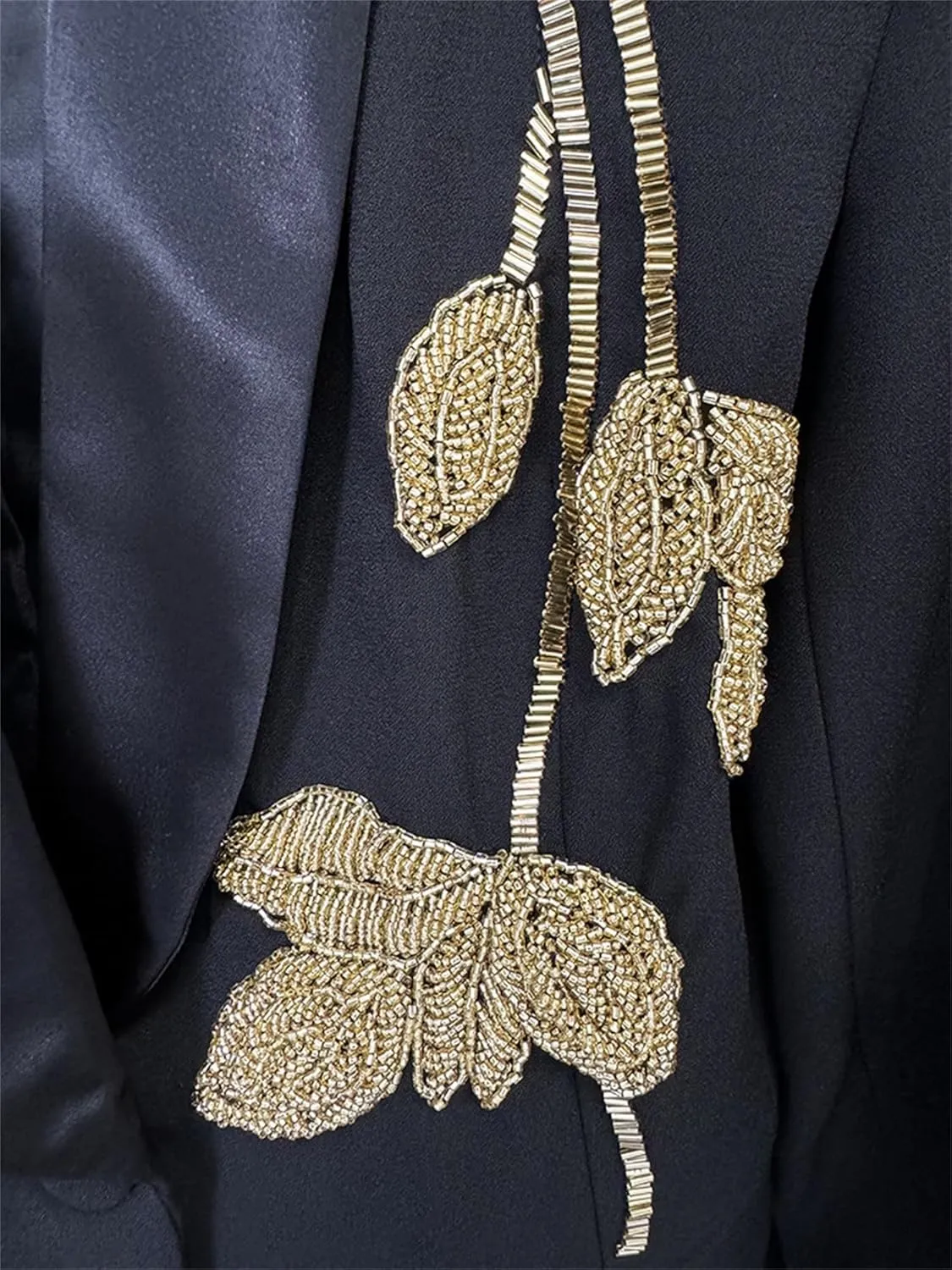 Women's 2025 Designer Suit Set Handmade Gold Beads Appliques Shawl Collar Slim Fit Blazer Flare Pants Set 2pcs