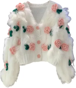 Women's 3D Flowers Embroidered Sweater V-Neck Button Down Y2K Crochet Knit Cardigan Kawaii Rose Flowers Cropped Cardiga
