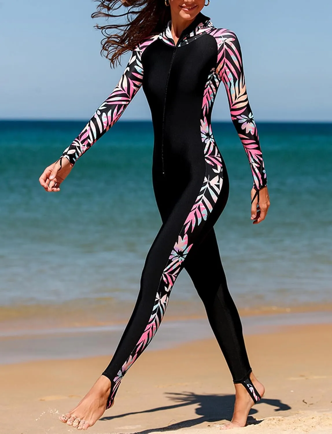 Womens 50  UPF Full Body Rash Guard Front Zipper Long Sleeve One Piece Bathing Suit with Built in Bra