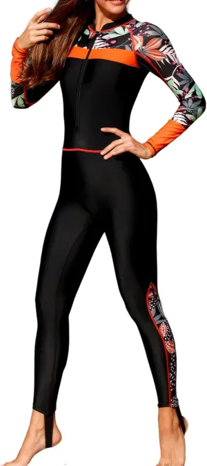 Womens 50  UPF Full Body Rash Guard Front Zipper Long Sleeve One Piece Bathing Suit with Built in Bra