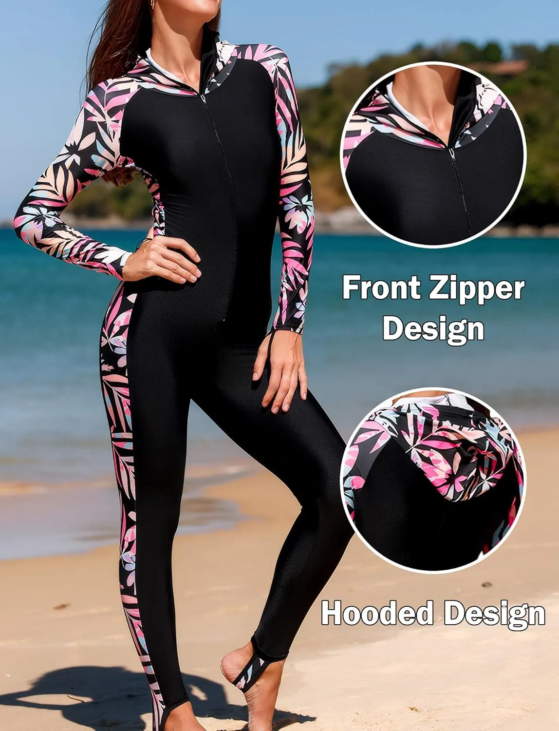 Womens 50  UPF Full Body Rash Guard Front Zipper Long Sleeve One Piece Bathing Suit with Built in Bra