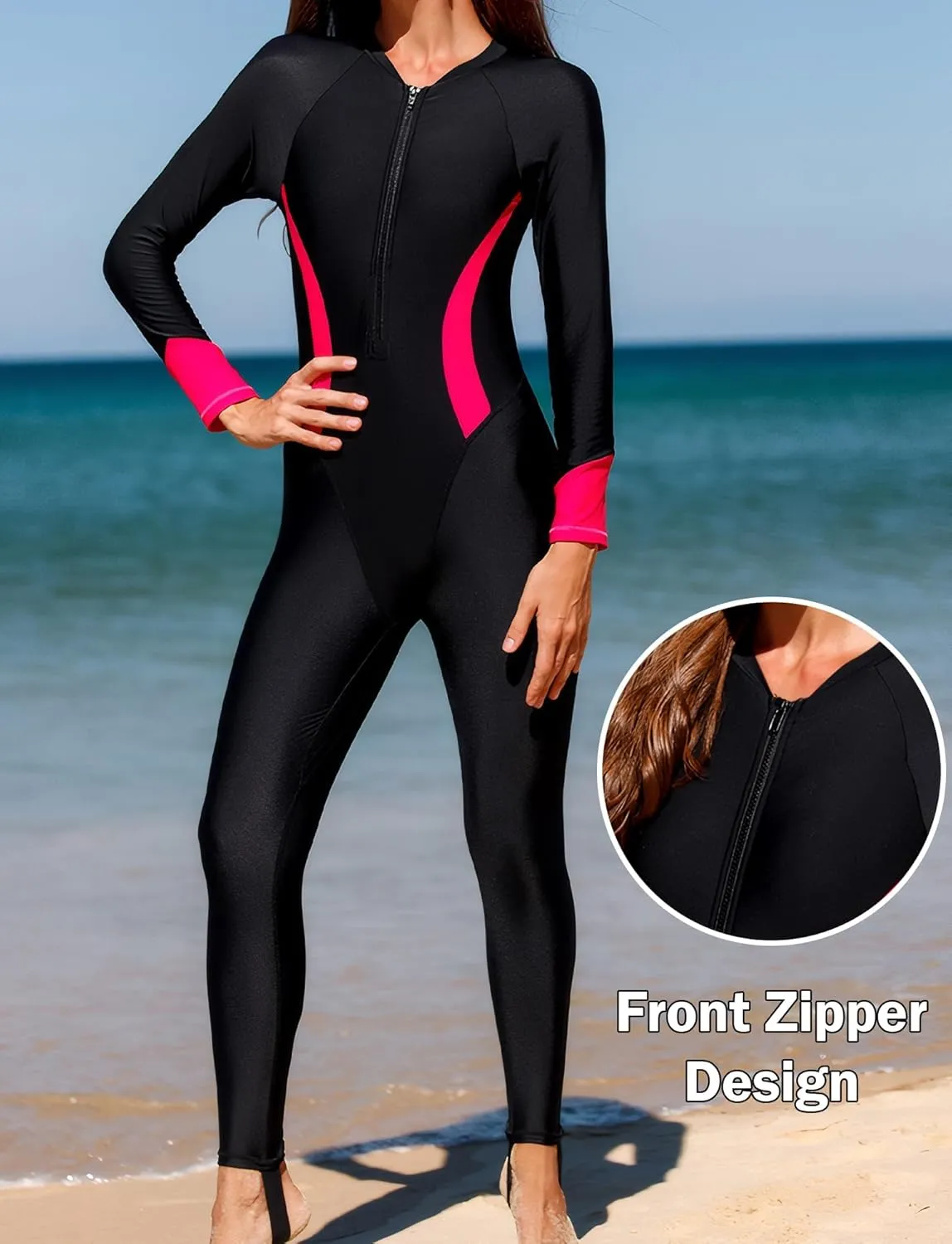 Womens 50  UPF Full Body Rash Guard Front Zipper Long Sleeve One Piece Bathing Suit with Built in Bra
