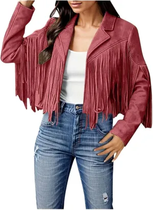 Womens Anorak Jacket Women Fringe Faux Suede Leather Jackets Fashion Tassel Motorcycle Cropped Jacket for Old