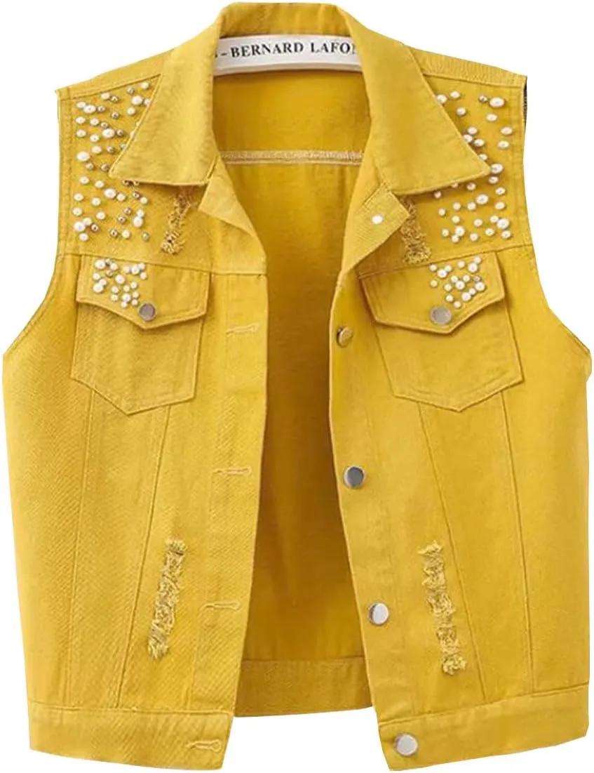 Womens Beading Pearls Denim Button Vest Ripped Waistcoatvest Sleeveless Jean Jacket