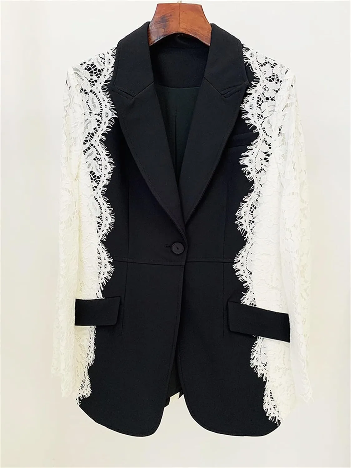Women's Blazer Fashion Notched Lace Patchwork Female Spring 2025 Long Sleeve Suit Jackets