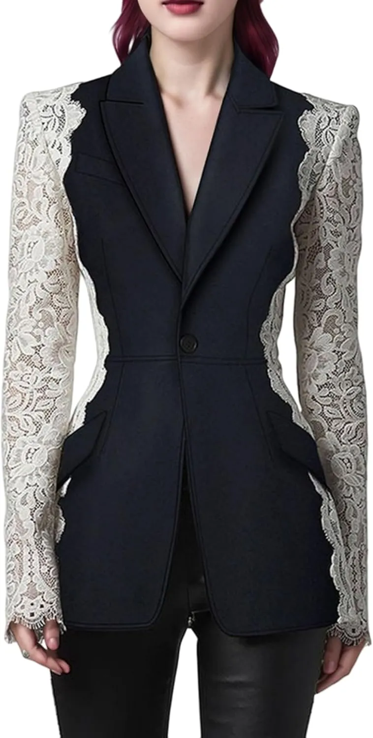 Women's Blazer Fashion Notched Lace Patchwork Female Spring 2025 Long Sleeve Suit Jackets