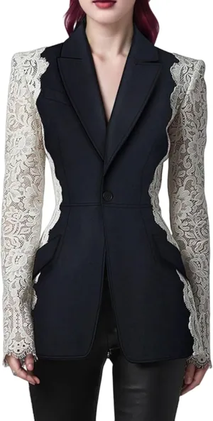 Women's Blazer Fashion Notched Lace Patchwork Female Spring 2025 Long Sleeve Suit Jackets