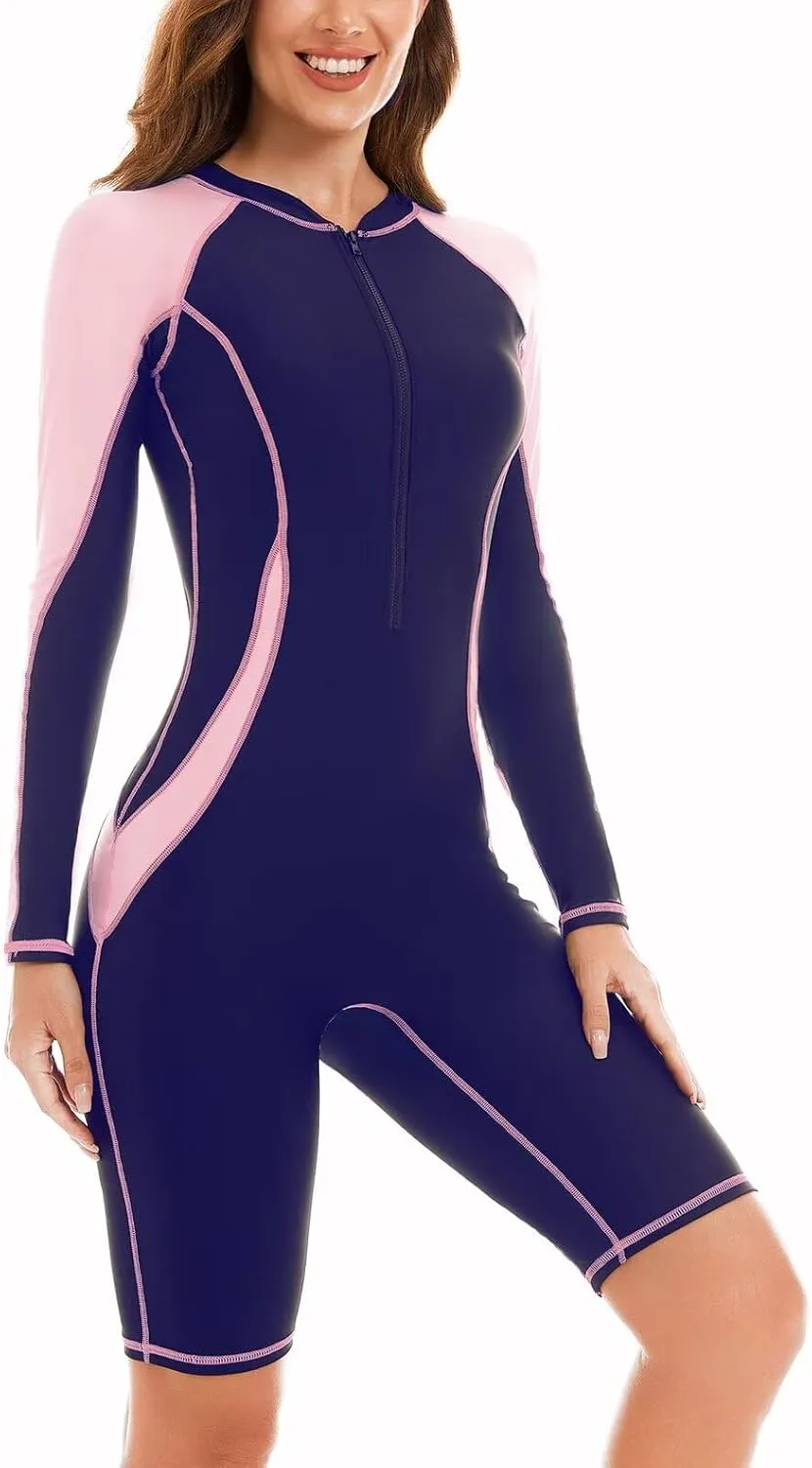 Womens Boyleg One Piece Rashguard Padded Swimsuit UPF 50 Front Zip Surf Wetsuit