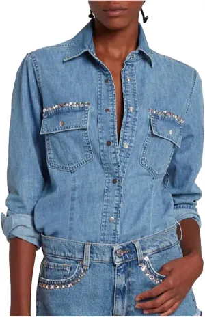 Women's Button Down Denim Shirt Rhinestone Beading Long Sleeve Collared V Neck Jean Tops