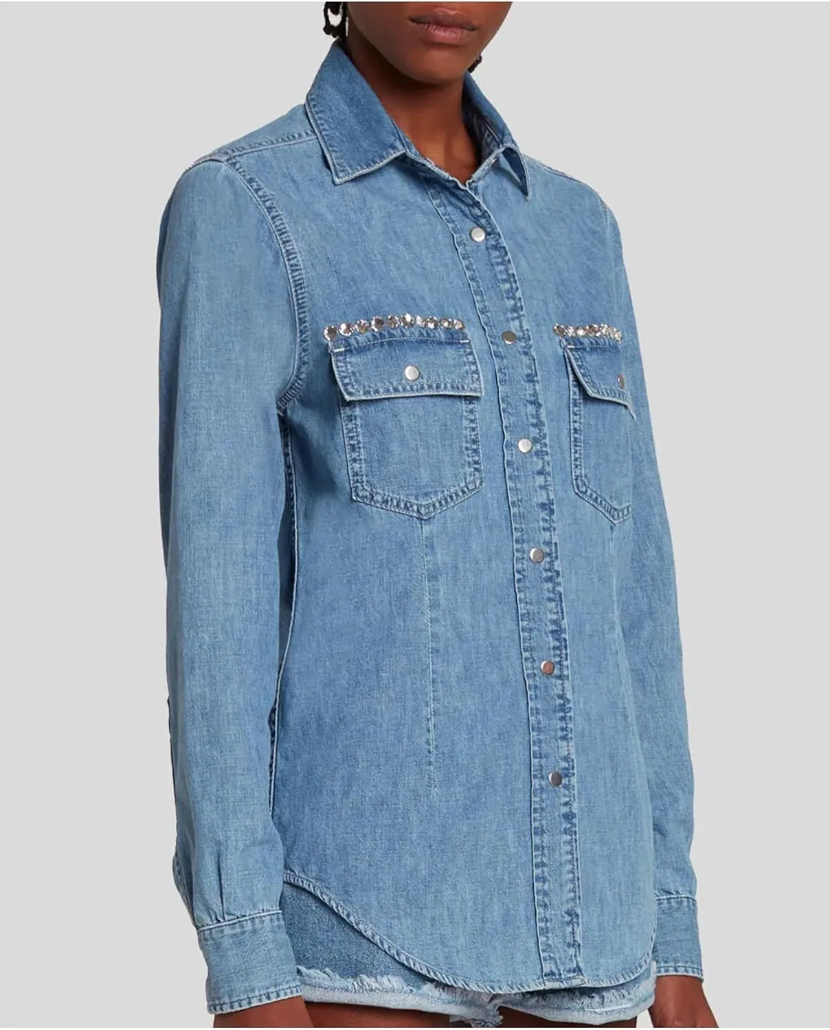 Women's Button Down Denim Shirt Rhinestone Beading Long Sleeve Collared V Neck Jean Tops