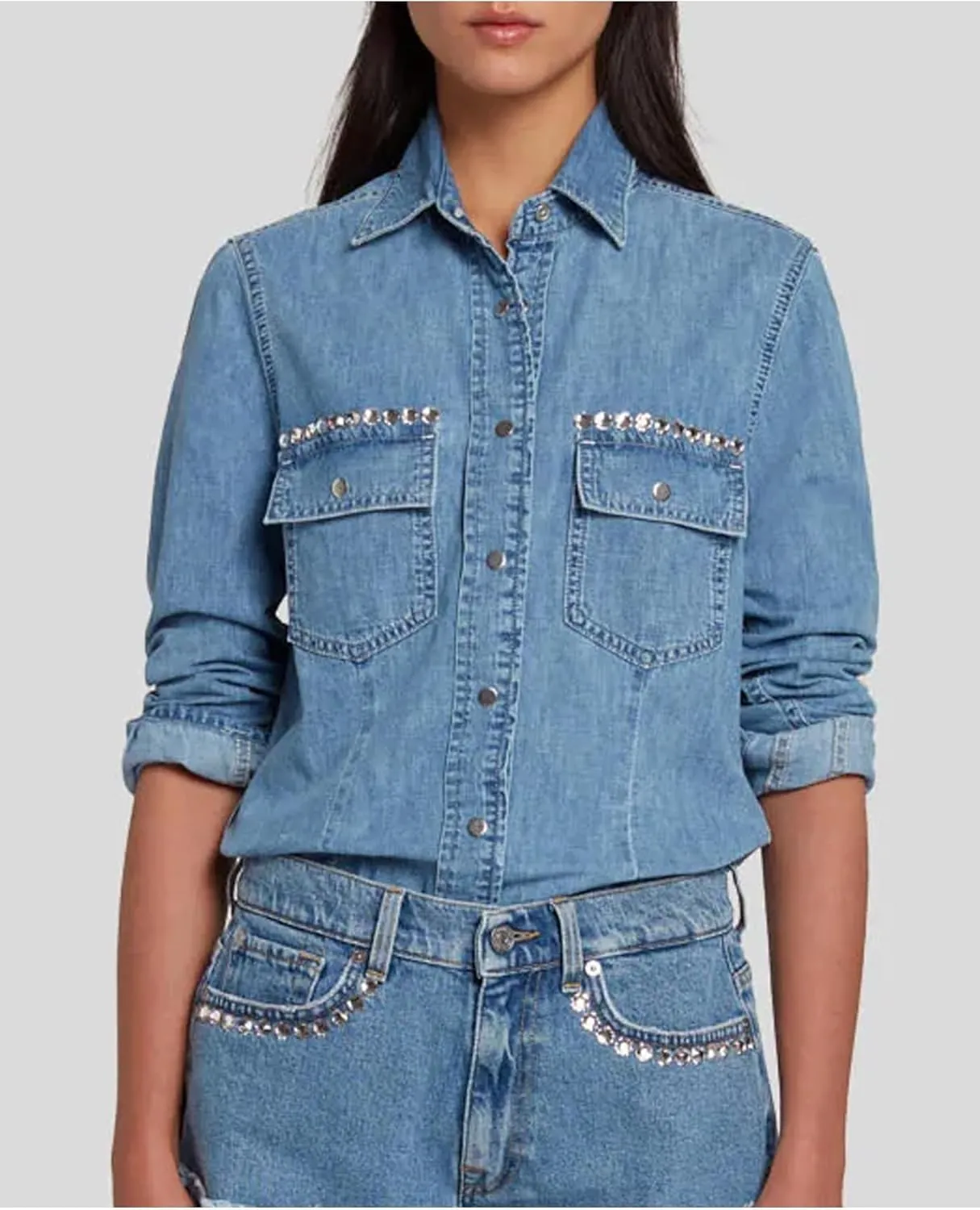Women's Button Down Denim Shirt Rhinestone Beading Long Sleeve Collared V Neck Jean Tops